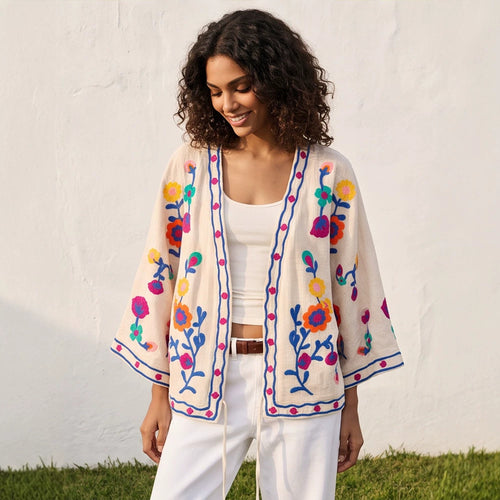 Damen bestickte Leinen‑Überwurfjacke mit folkloristischen Blumenapplikationen Drune