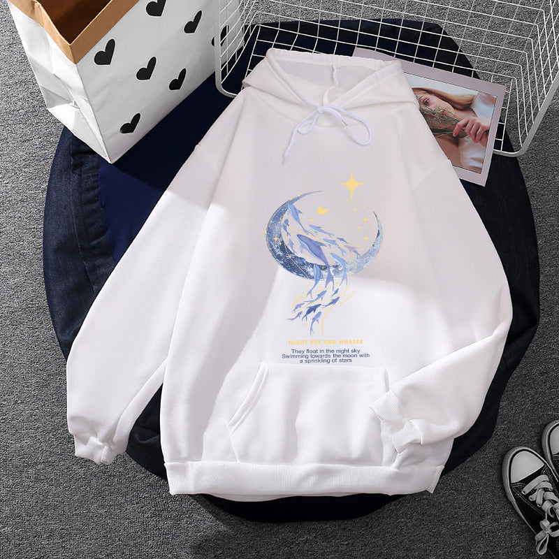 Damen nan Kapuzenpullover mit Mond‑und‑Wal-Illustration, Oversize-Schnitt und Kängurutasche Drune
