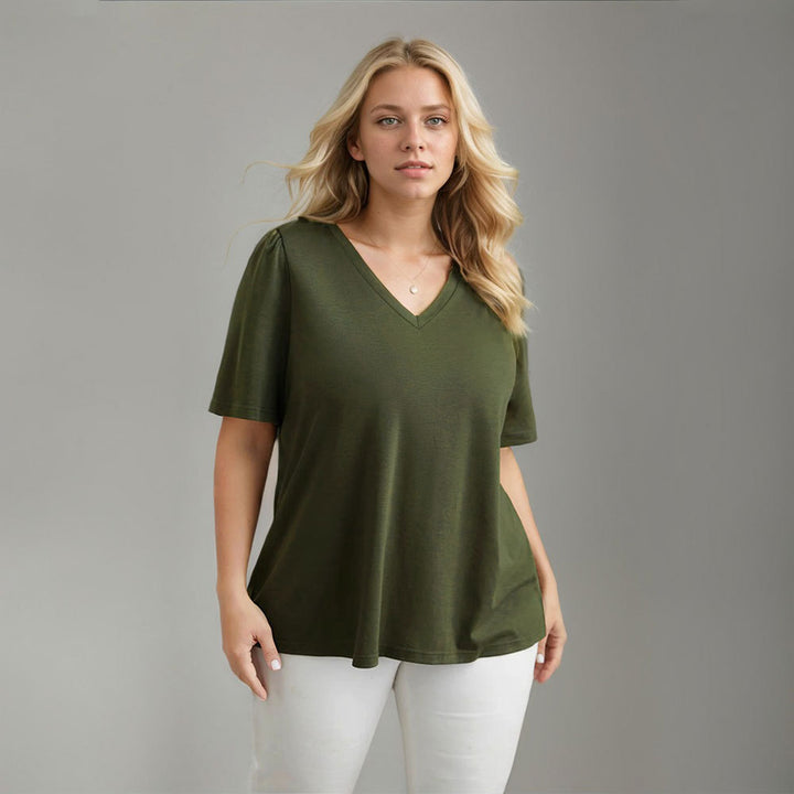 Damen Lässiges V-Ausschnitt T-Shirt mit Seitentaschen und weichem Material Drune