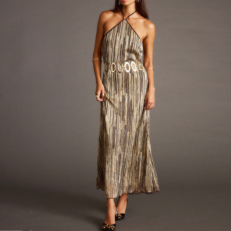 Damen Elegantes Maxikleid mit schimmerndem Streifenmuster und Rückenbindeband Drune