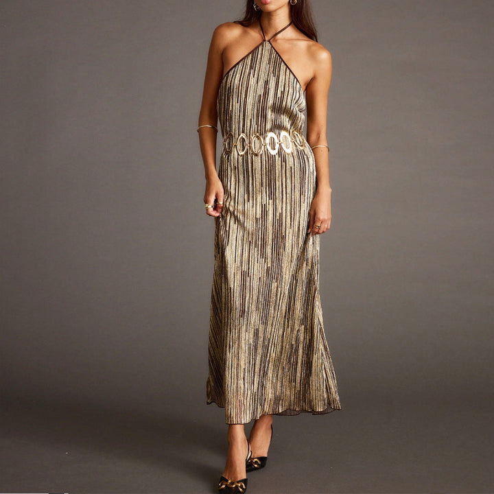 Damen Elegantes Maxikleid mit schimmerndem Streifenmuster und Rückenbindeband Drune