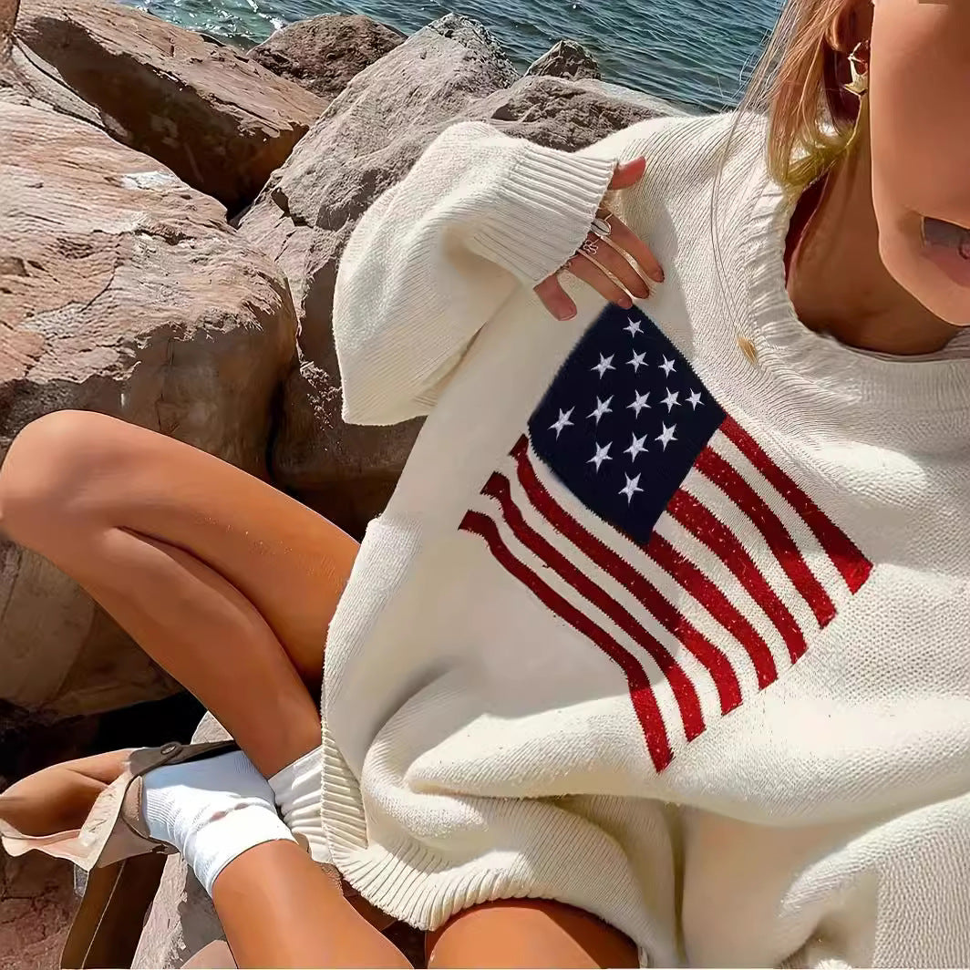 Damen Strickpullover mit amerikanischem Flaggenmotiv Drune