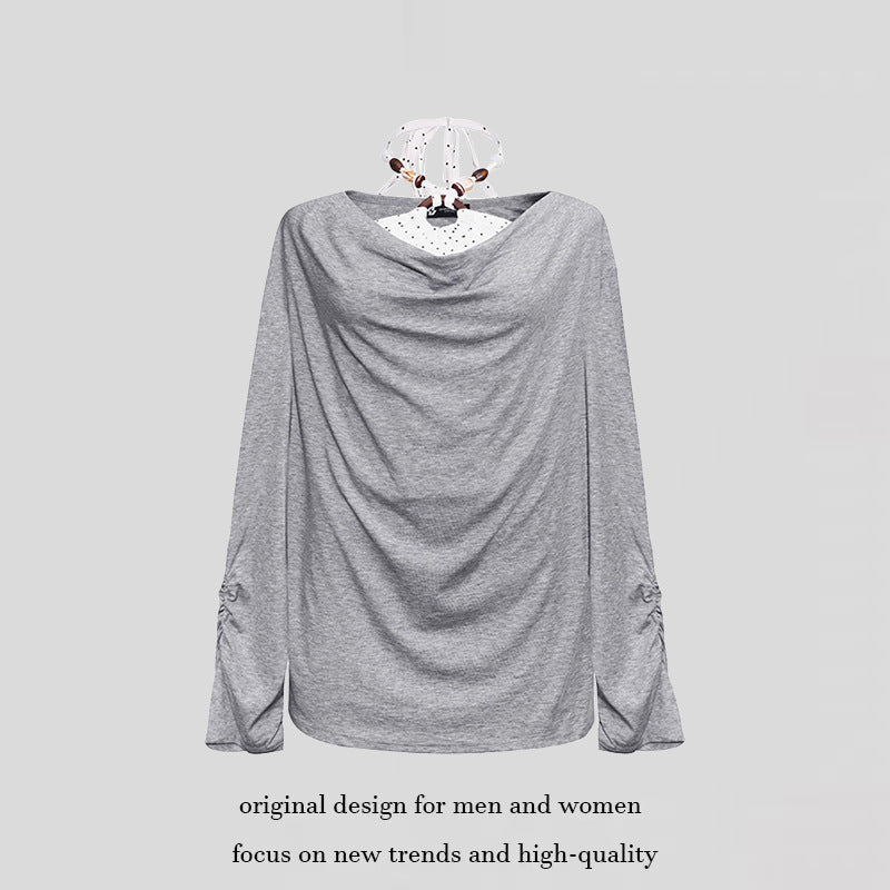 Damen Langes drapiertes Langarmshirt mit Wasserfallkragen und Raffung an den Ärmeln Drune