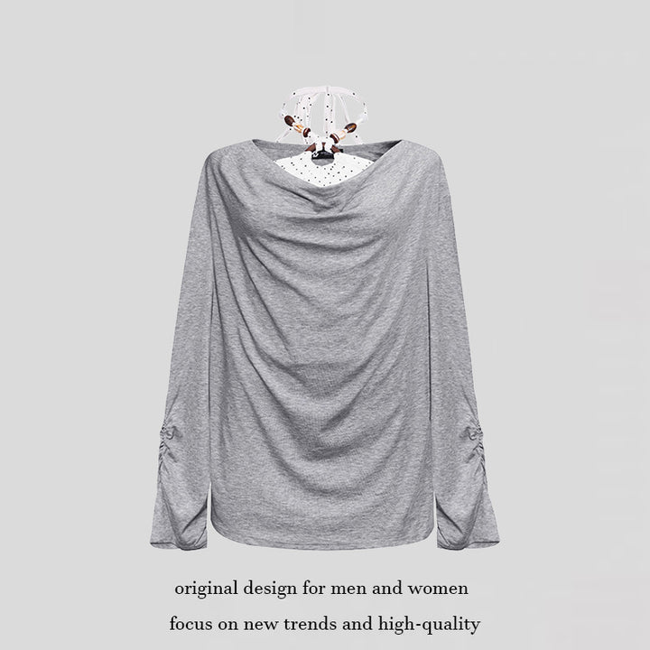 Damen Langes drapiertes Langarmshirt mit Wasserfallkragen und Raffung an den Ärmeln Drune