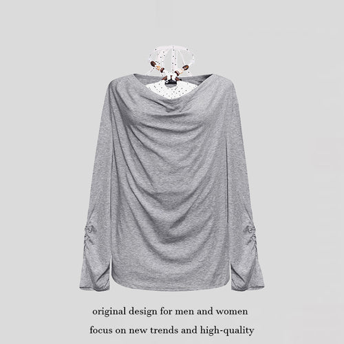 Damen Langes drapiertes Langarmshirt mit Wasserfallkragen und Raffung an den Ärmeln Drune