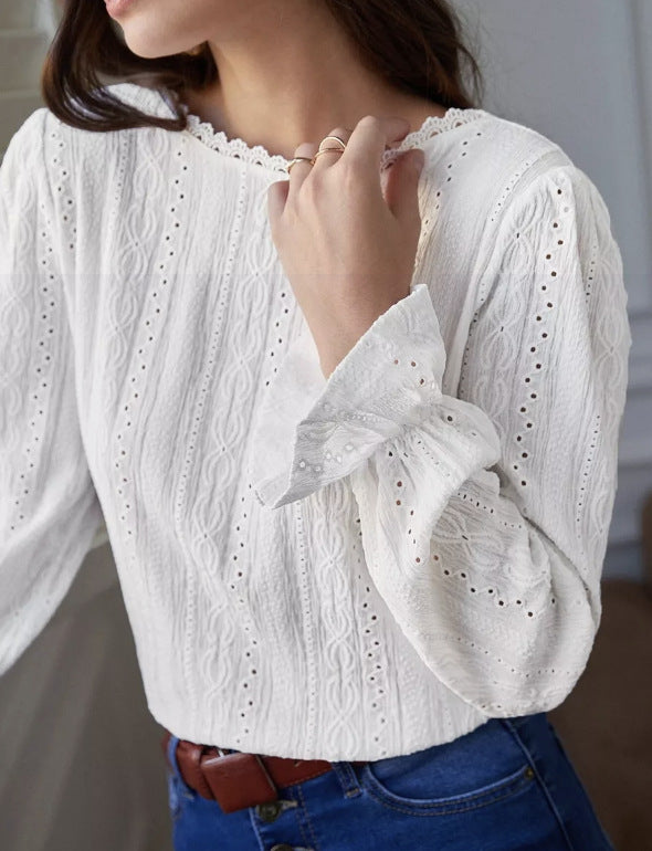 Damen elegante Bluse mit Rüschendetails und Lochstickerei Drune
