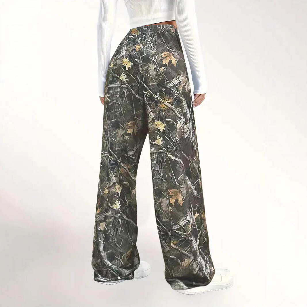 Damen Weite Palazzo-Loungehose im Camouflage-Blattmuster mit Elastikbund, Tunnelzug und Eingrifftaschen Drune