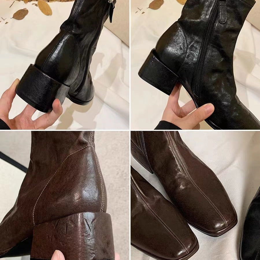 Damen Glattleder-Stiefelette mit schlanker Socken-Passform, innenliegendem Reißverschluss und sculpted Blockabsatz Drune