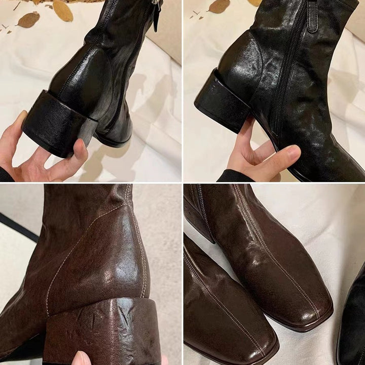 Damen Glattleder-Stiefelette mit schlanker Socken-Passform, innenliegendem Reißverschluss und sculpted Blockabsatz Drune