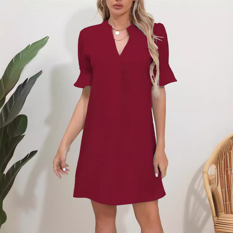 Damen elegantes kurzärmeliges Kleid mit V-Ausschnitt Drune