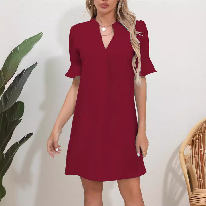 Damen elegantes kurzärmeliges Kleid mit V-Ausschnitt Drune