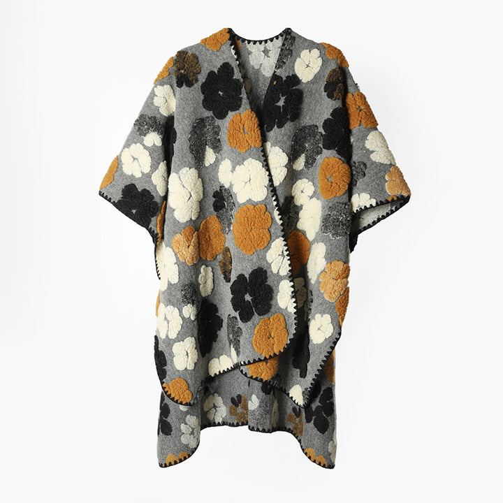 Damen Oversize-Capeponcho mit aufgestepptem Blumenrelief und Kettelnaht Drune
