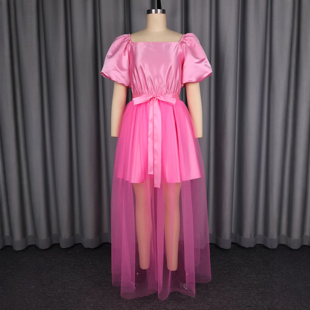 Damen Elegantes Tüllkleid mit Puffärmeln und Schleifenbindung Drune