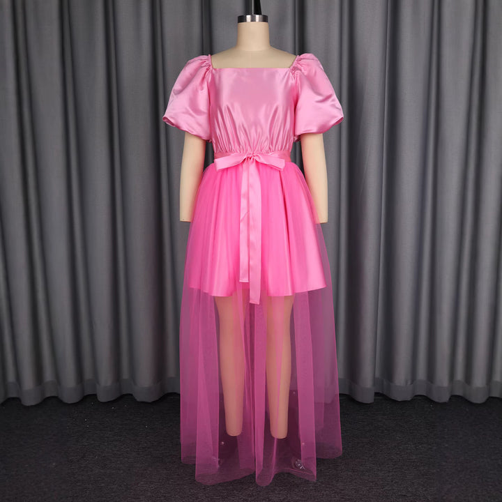 Damen Elegantes Tüllkleid mit Puffärmeln und Schleifenbindung Drune