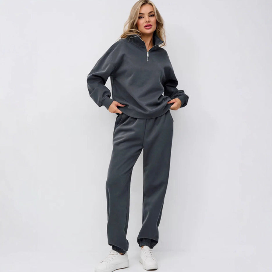 Damen Sweatset mit Halbreißverschluss, oversized Pullover und hochtaillierter weit geschnittener Jogginghose Drune