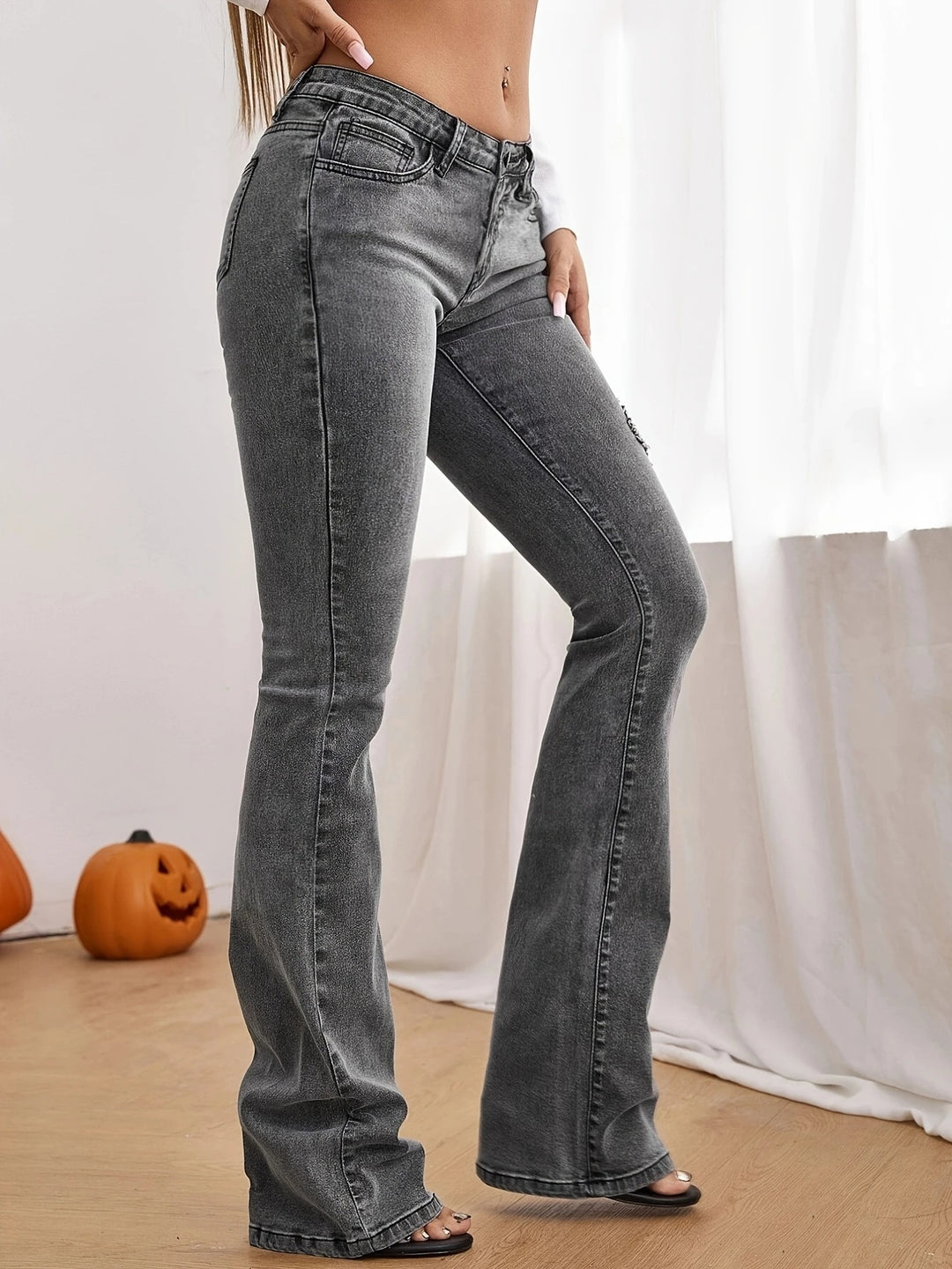 Damen Taillenhohe ausgestellte Jeans mit Perlenapplikation und formendem Bund Drune