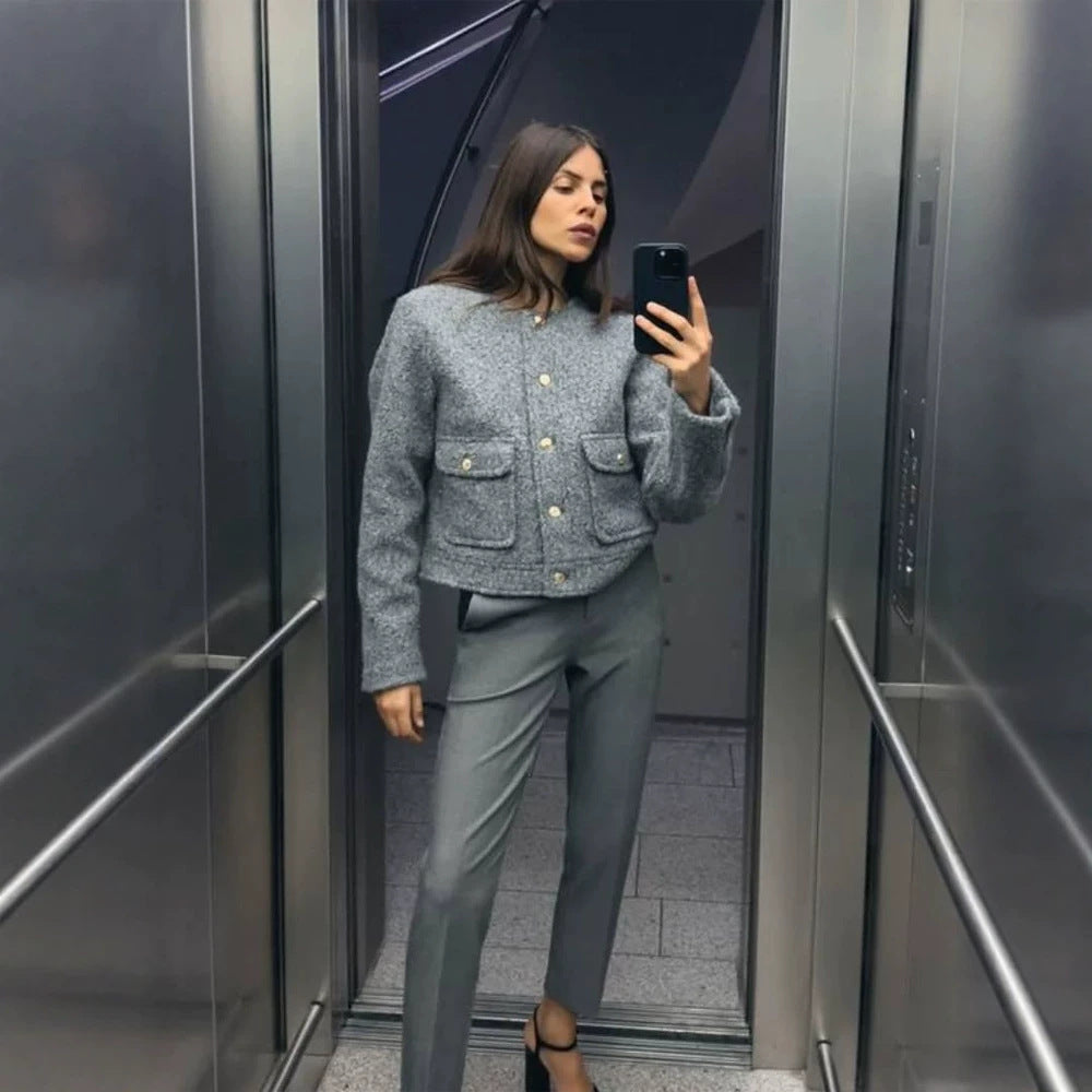 Damen Boxy Wollmix-Boucléjacke im Cabanstil mit Rundhalsausschnitt & goldfarbenen Zierknöpfen Drune
