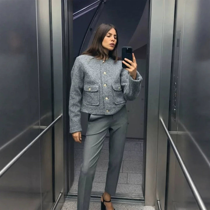 Damen Boxy Wollmix-Boucléjacke im Cabanstil mit Rundhalsausschnitt & goldfarbenen Zierknöpfen Drune
