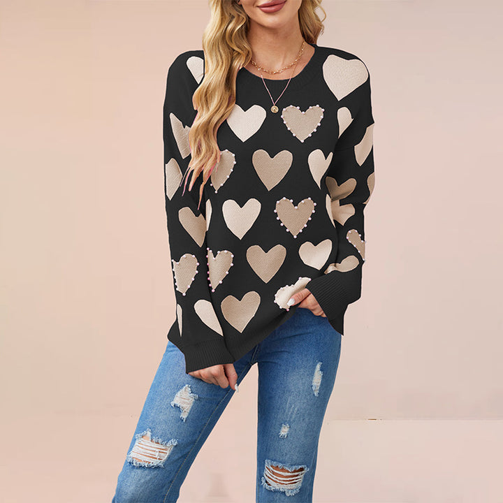 Damen Strickpullover mit Herzmuster und Perlendetails Drune