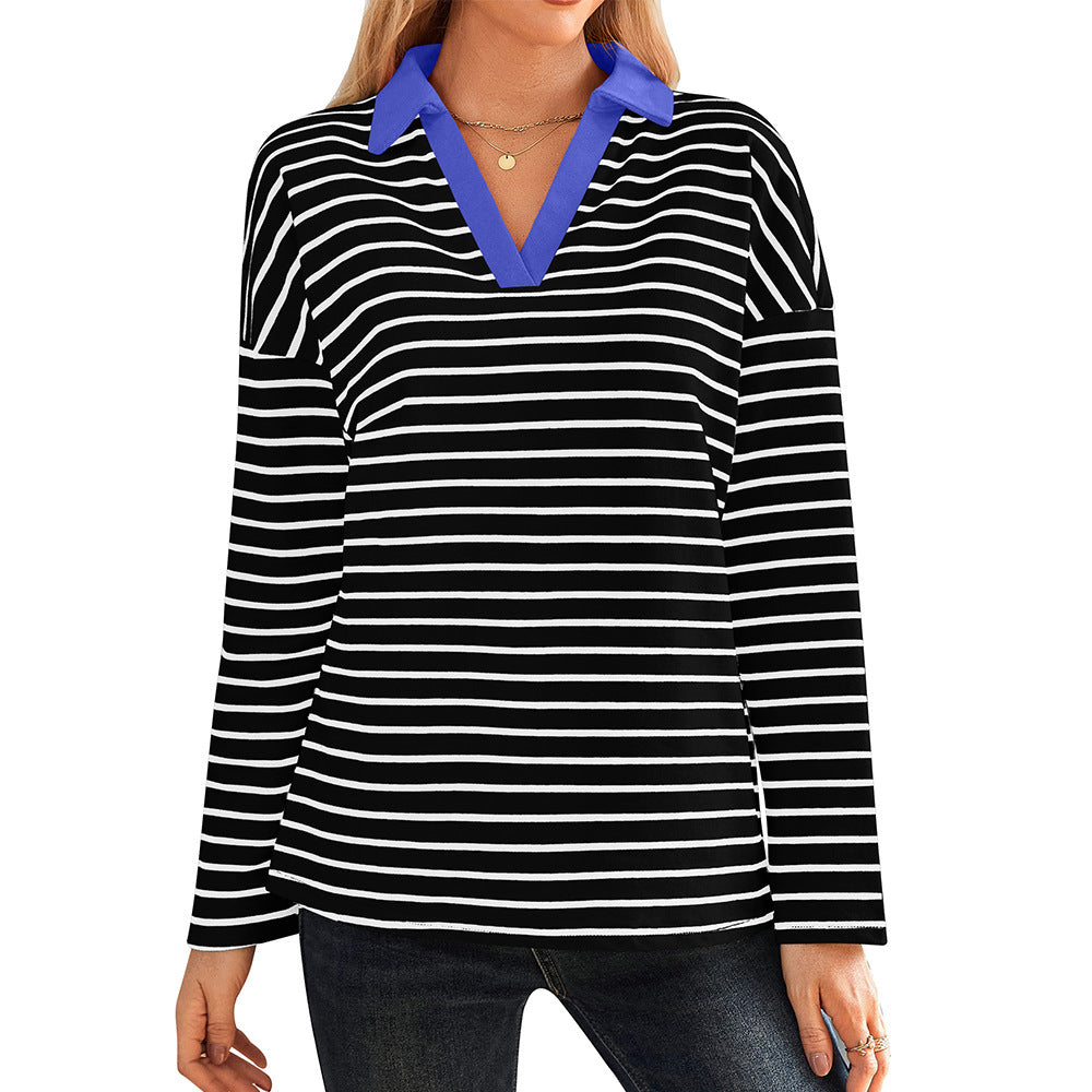 Damen gestreiftes Polo-Shirt mit V-Ausschnitt und kontrastierendem Kragen Drune