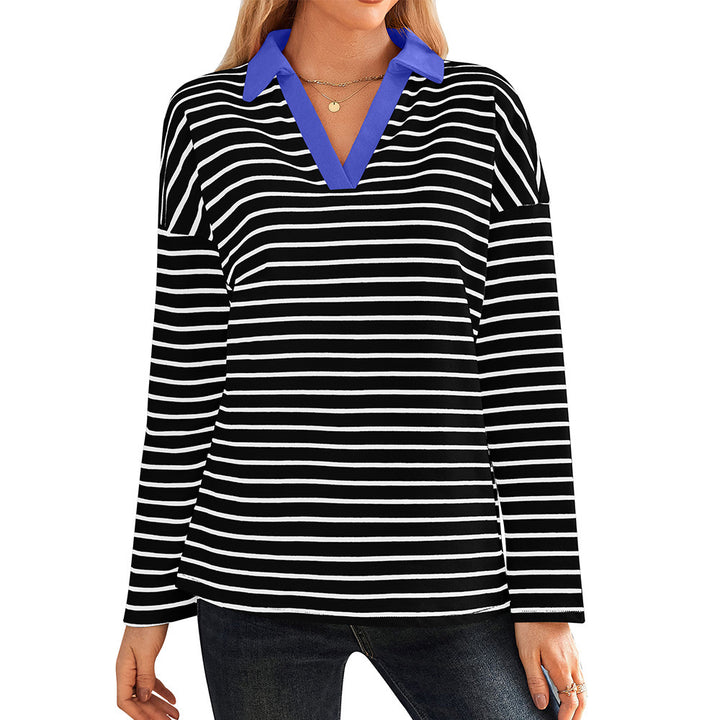 Damen gestreiftes Polo-Shirt mit V-Ausschnitt und kontrastierendem Kragen Drune
