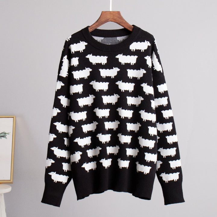 Damen Gemusterter Strickpullover mit Schafmotiven Drune