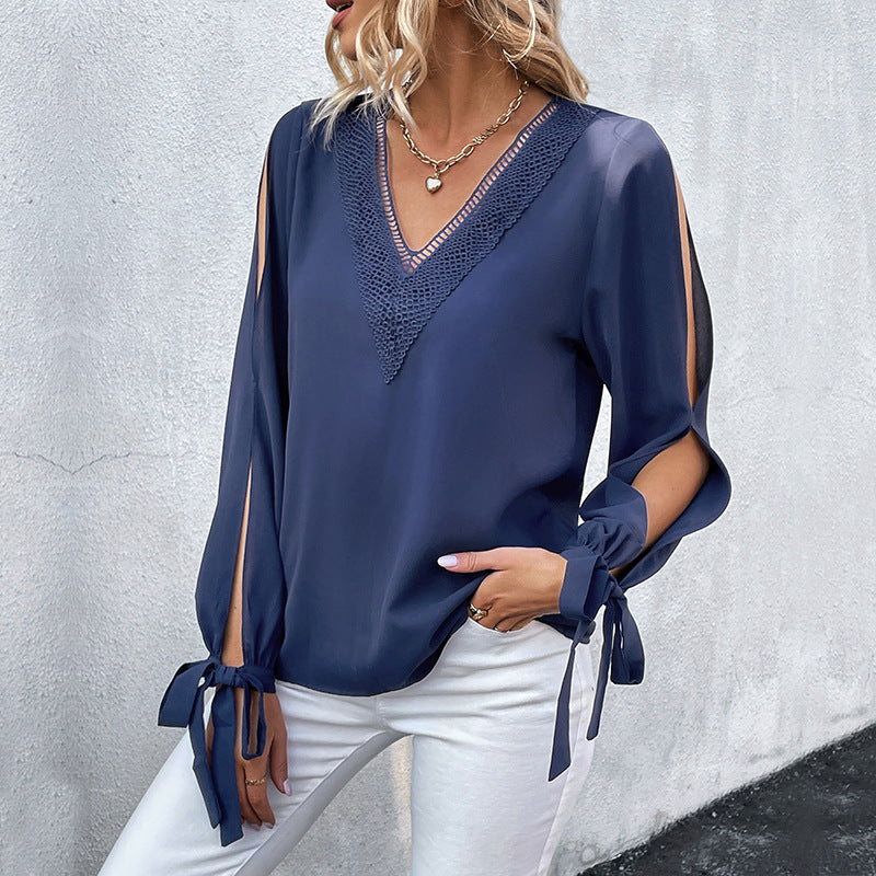 Damen Viskose‑Look Bluse mit V‑Ausschnitt, Spitzenbesatz und Cut‑Out‑Ärmeln Drune
