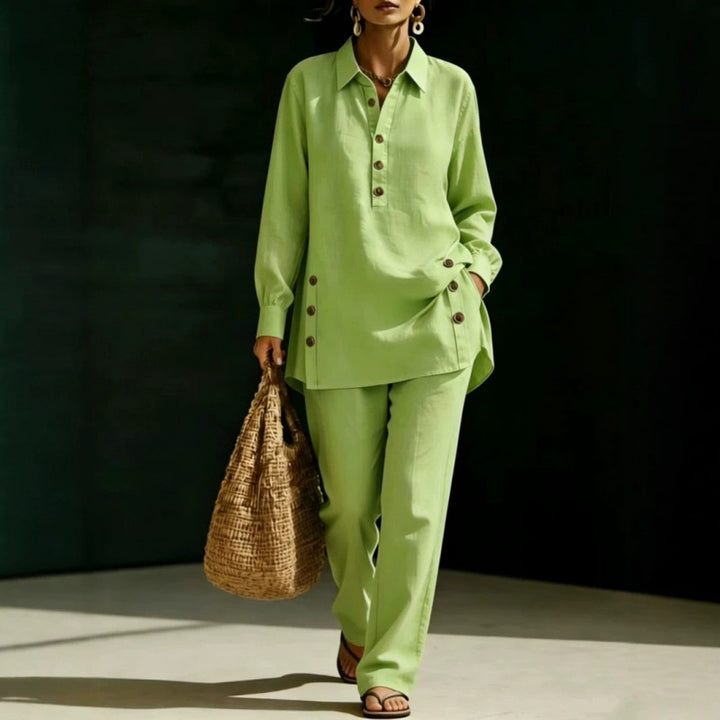 Damen Leichtes Oversize-Hemd-Tunika mit Zierknöpfen und Gerader Bundhose Drune