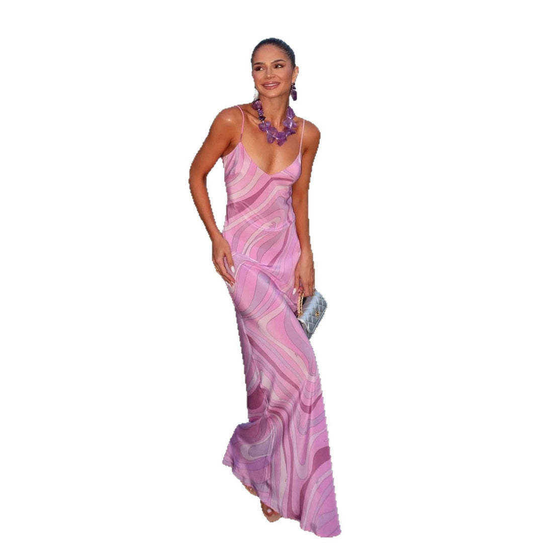 Damen nan elegantes Slip-Maxikleid mit V-Ausschnitt, filigranen Spaghettiträgern und retro-grafischem Allover-Print Drune