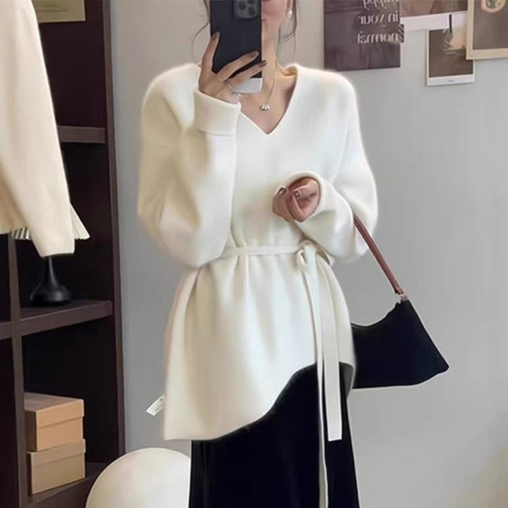 Damen Strickjacke mit Taillengürtel und V-Ausschnitt Drune