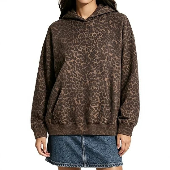 Damen Oversize-Kapuzenpullover mit Leomuster, Kängurutasche und überschnittener Schulter Drune
