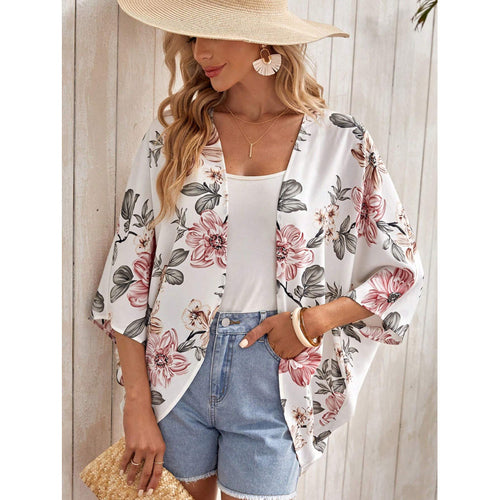 Damen Modischer Kimono mit floralem Design und weit geschnittenen Ärmeln Drune