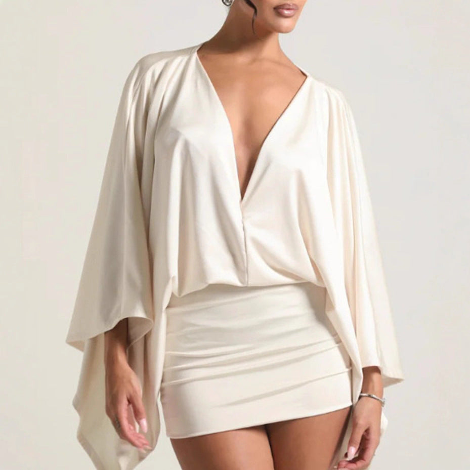 Damen nan Cape-Minikleid mit tiefem V-Ausschnitt, Fledermausärmeln und tailliertem Minirock Drune