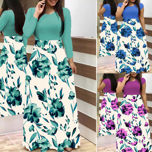 Damen Zweiteilig wirkendes Maxikleid mit figurbetontem Jersey-Oberteil und weitem Blumenrock Drune