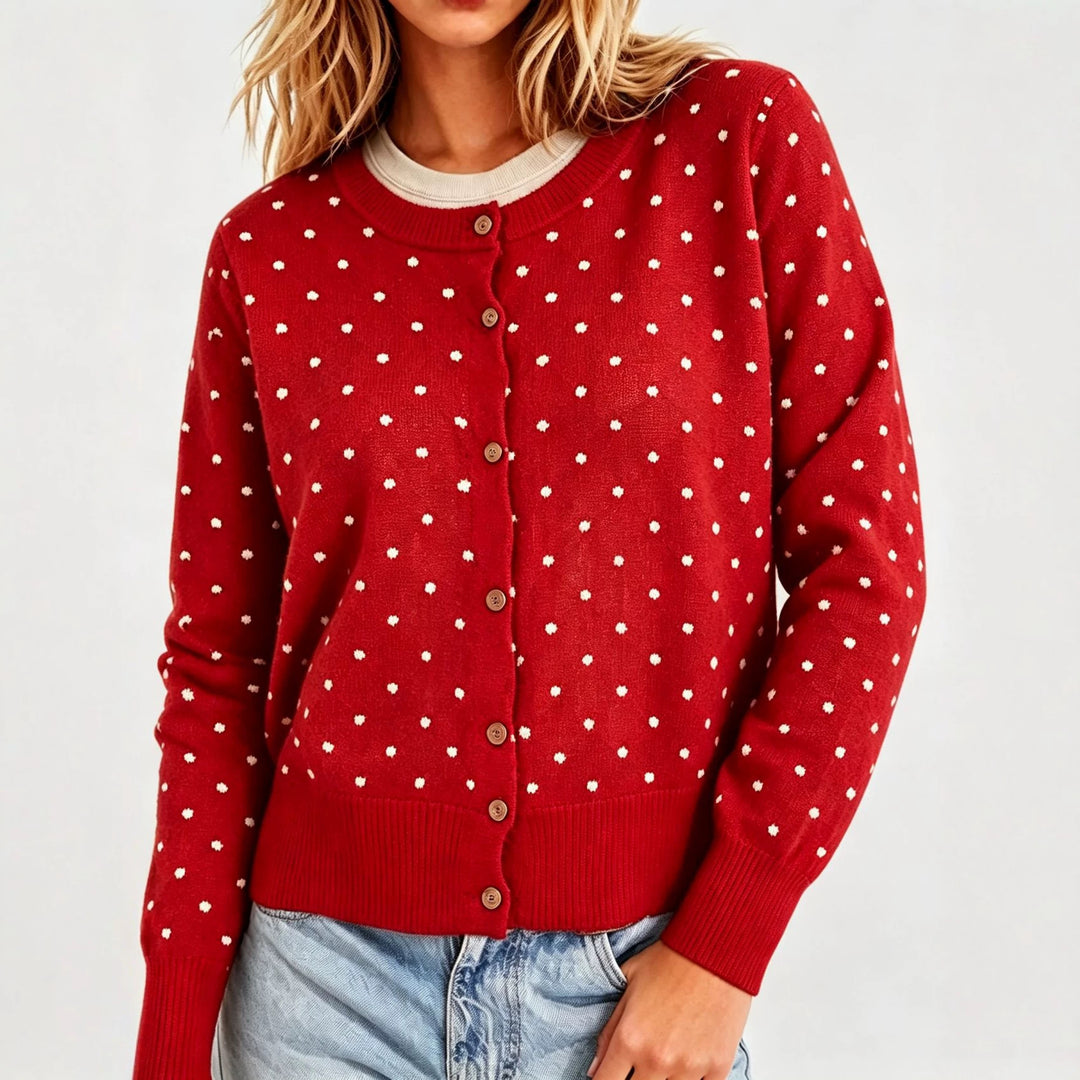 Damen Gepunktete Feinstrick-Cardigan mit Rundhals und Rippbündchen Drune