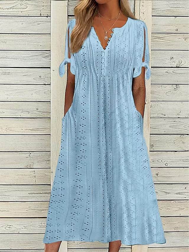 Damen Maxikleid mit Luftigen Ärmeln und Eleganten Lochmustern Drune