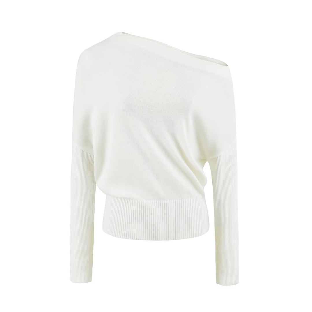 Damen Oversize One-Shoulder Pullover mit Fledermausärmeln und breitem Rippenbund Drune