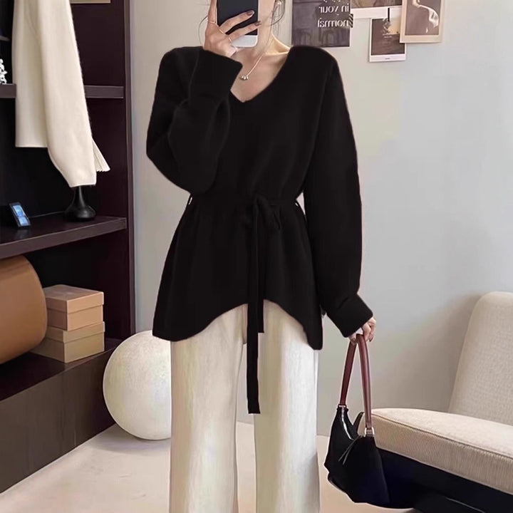 Damen Strickpullover mit V-Ausschnitt und Taillengürtel Drune