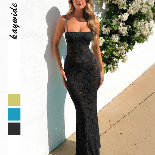 Damen Spitzen Maxikleid mit schmalen Trägern und elegantem Schnitt Drune
