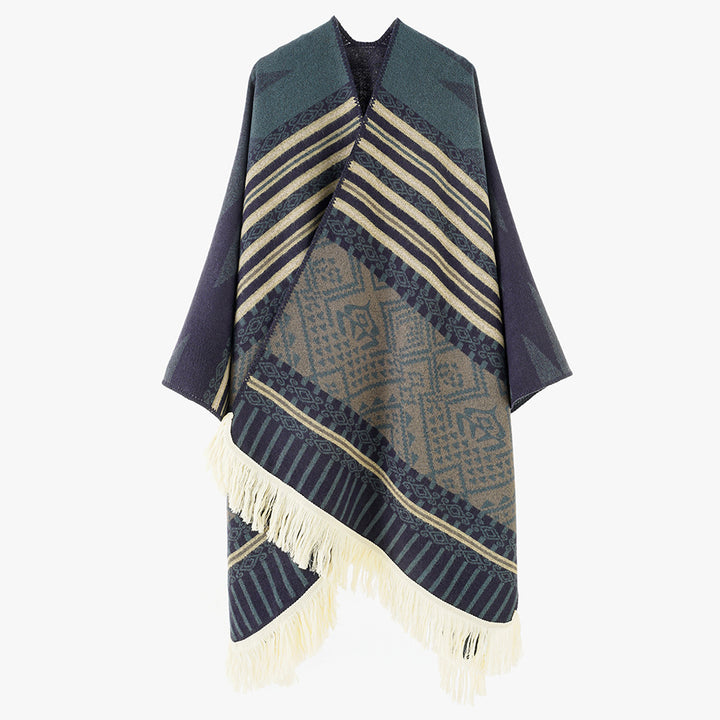 Damen Ethno-Jacquard Cape aus Wollmix mit asymmetrischem Saum, V-Ausschnitt und Fransen Drune