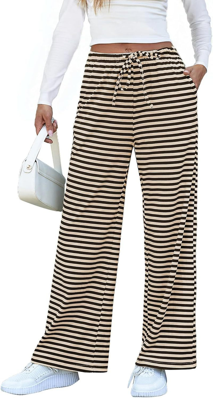 Damen weite Streifenhose mit elastischem Bund und Kordelzug Drune