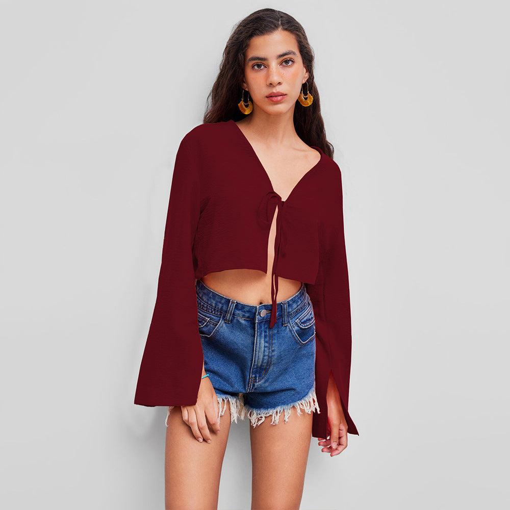 Damen kurzes Bindecrop-Top mit V-Ausschnitt, Knotenbindetail und Glockenärmeln Drune