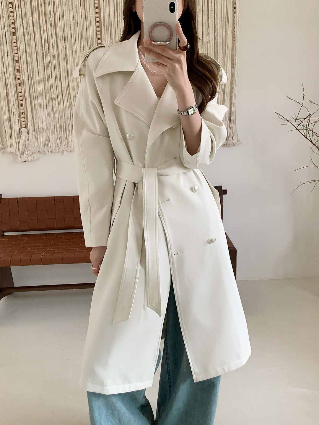 Damen Midilanger Trenchcoat mit Oversize-Schultern und Perlmuttknöpfen Drune