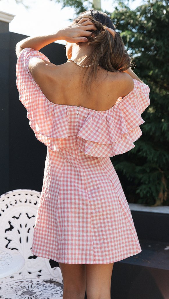 Damen Schulterfreies Sommerkleid mit Rüschen und süßem Karomuster Drune