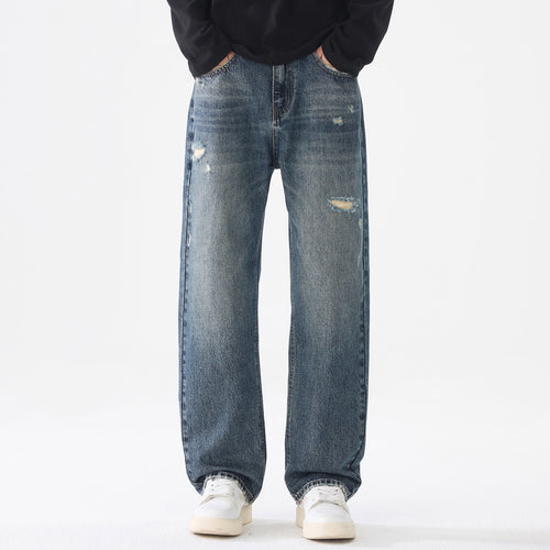 Herren Weite Relaxed-Straight Jeans aus robustem Baumwoll-Denim mit Destroyed-Akzenten Drune