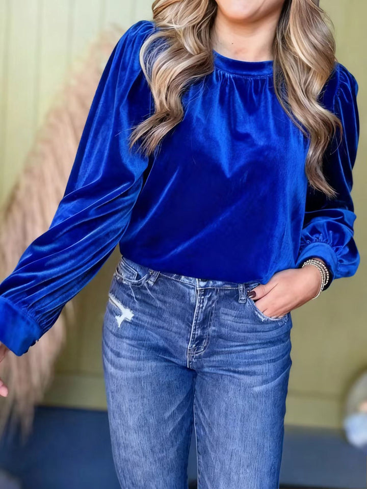 Damen Samtbluse mit Ballonärmeln und gerafftem Stehkragen Drune