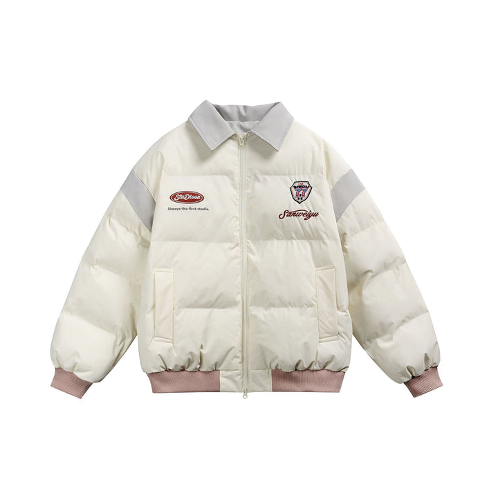 Damen Kurz geschnittene wattierte Blousonjacke mit kontrastierendem Kragen und Stickdetails Drune