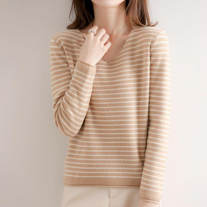 Damen Zarter Streifen-V‑Ausschnittpullover aus feinem Rippstrick mit weichem Fall Drune