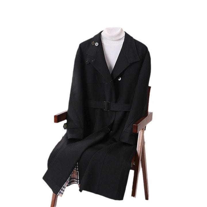 Herren Langgeschnittener Minimalistischer Trenchcoat mit Schalkragen und verstellbaren Ärmelriemen Drune