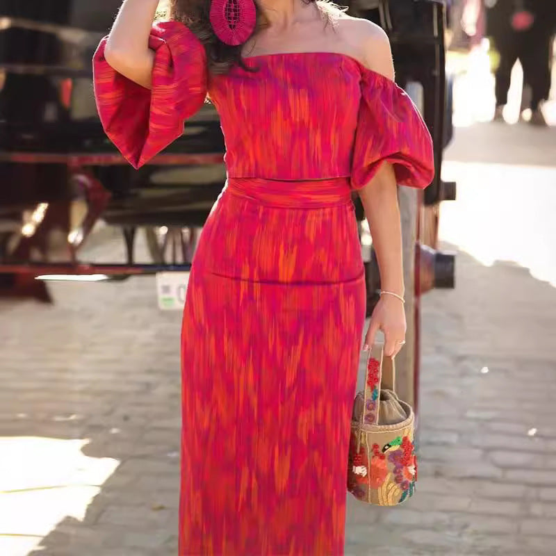 Damen figurbetontes Maxikleid mit Puffärmeln und elegantem V-Ausschnitt Drune